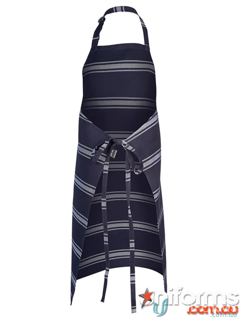 Navy blue and grey striped JB’s Butchers Bib Apron with tie-back waist and neck strap