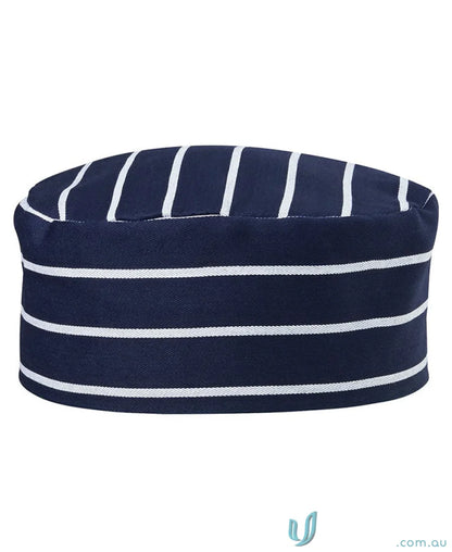Navy and white striped chef’s hat from JBs Chefs Cap, perfect workwear for chefs