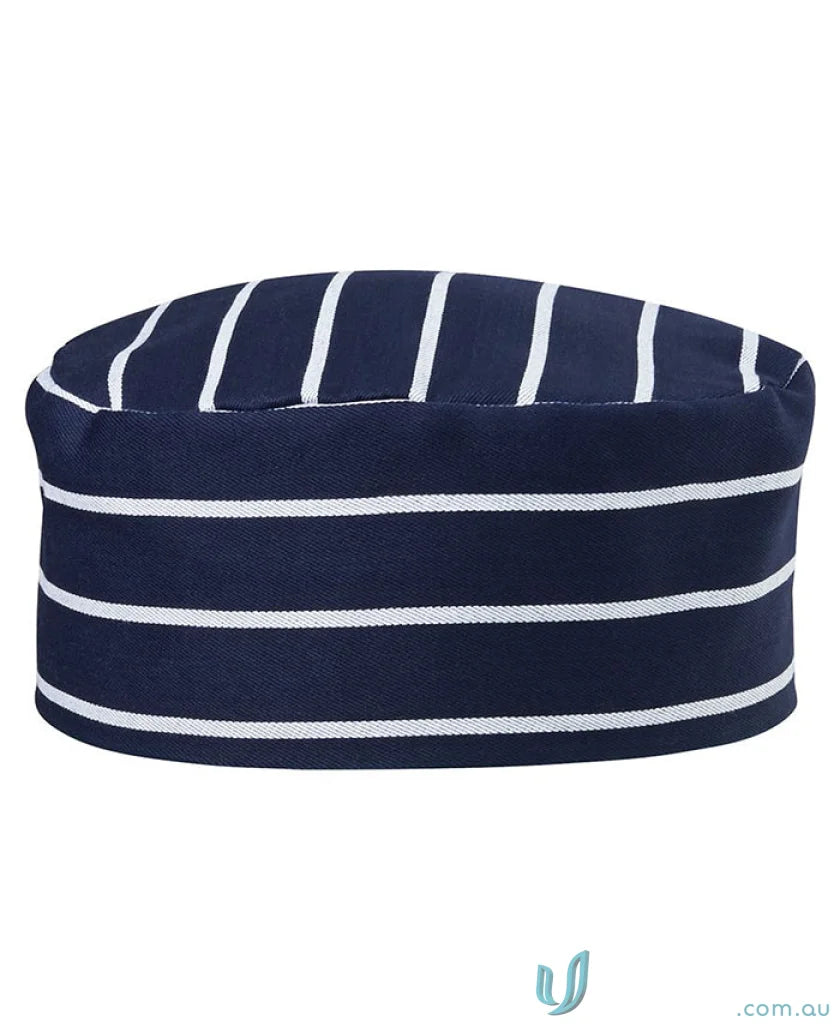 Navy and white striped chef’s hat from JBs Chefs Cap, perfect workwear for chefs