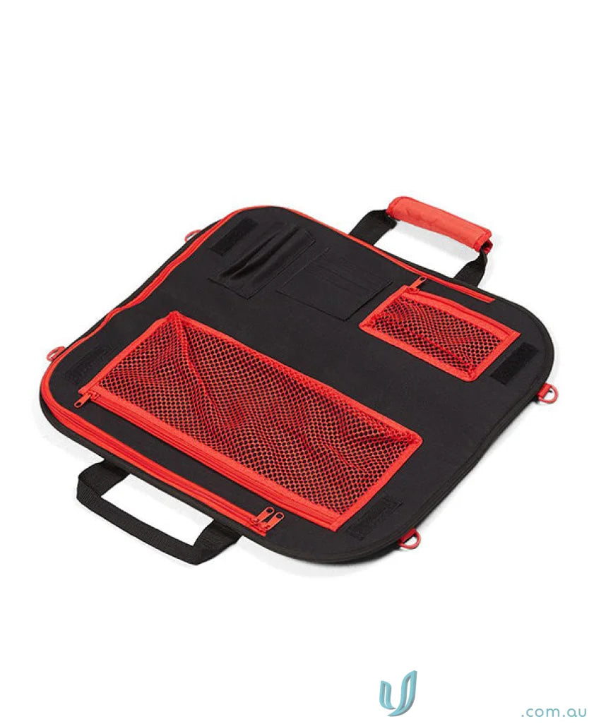 Black car seat organizer with red trim mesh pockets, perfect for workwear or uniforms storage