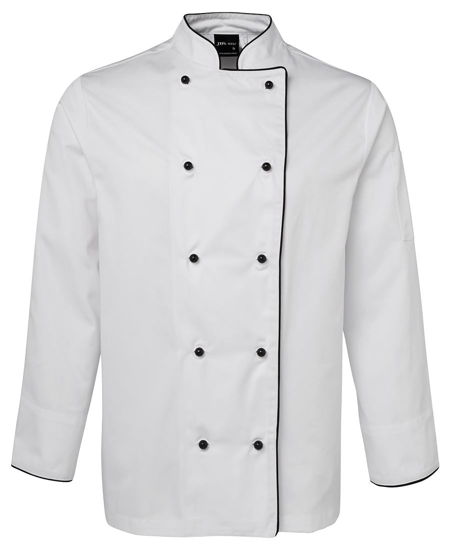 JBs Chefs long sleeve jacket 5cj in white with black trim, drill fabric 245gsm