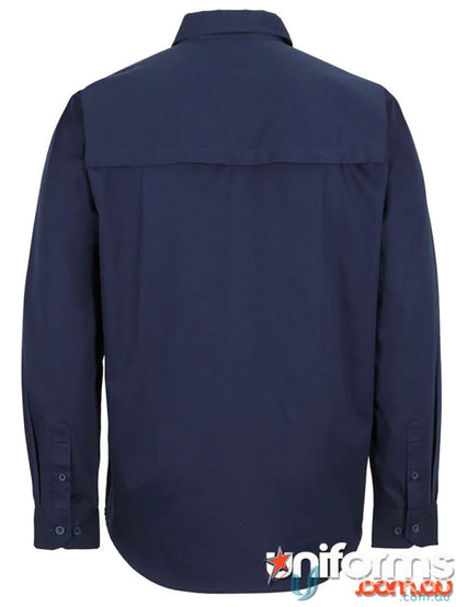 Dark blue JBs Close work shirt with long sleeves, button cuffs, and curved hem