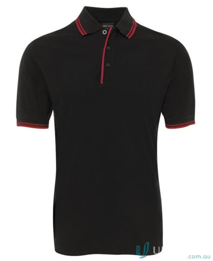 Black JBs Contrast Polo with red trim in pique knit fabric for sun protection