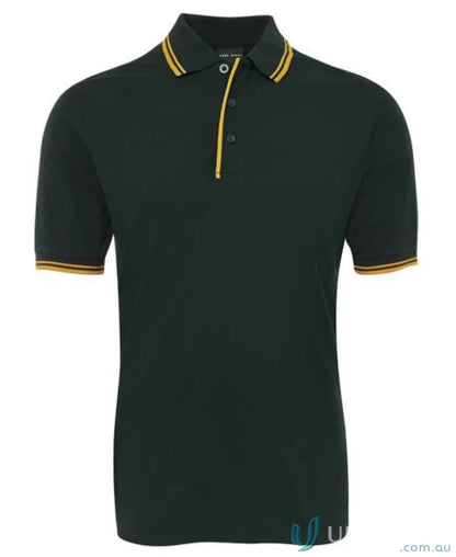 Dark green JB’s Contrast Polo with yellow trim in pique knit fabric for sun protection