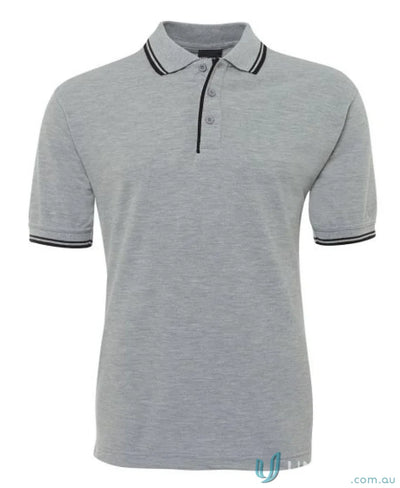 Gray JBs Contrast Polo with black trim in pique knit fabric, perfect for sun protection
