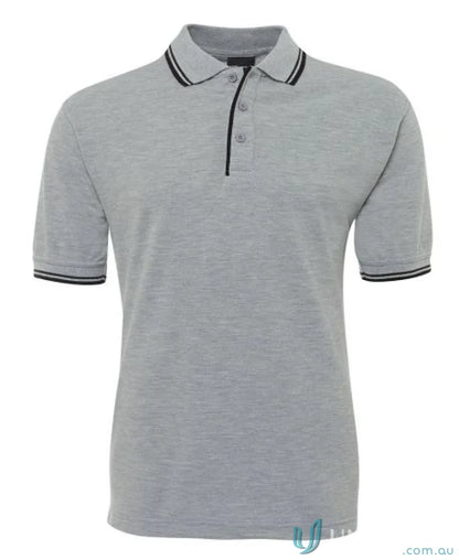 Gray JB’s Contrast Polo with black trim in pique knit fabric, perfect for sun protection