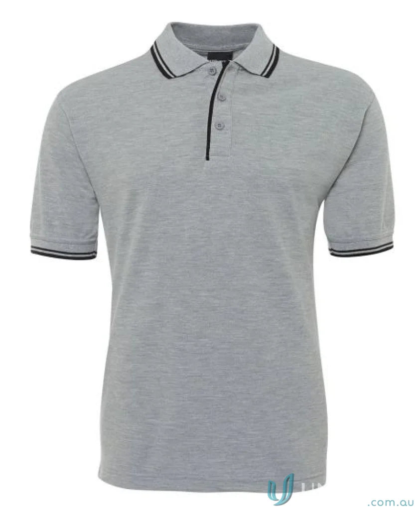 Gray JB’s Contrast Polo with black trim in pique knit fabric, perfect for sun protection
