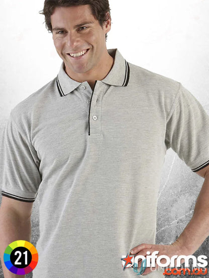 Gray JB’s Contrast Polo shirt with black trim made from pique knit fabric for sun protection