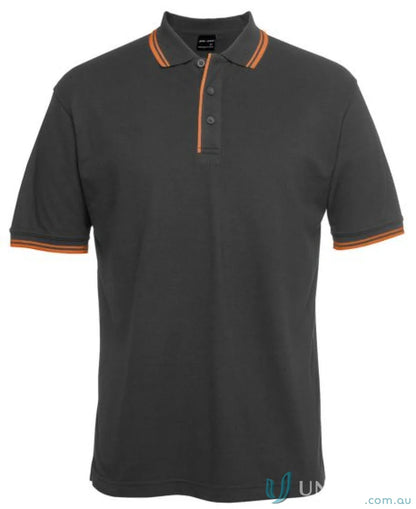 Gray JB’s Contrast Polo with orange trim made of pique knit fabric for sun protection