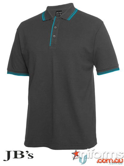 Gray JB’s Contrast Polo with teal trim made from pique knit fabric for sun protection