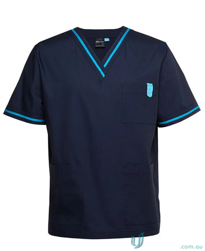 Navy blue contrast scrubs top with turquoise trim and hand pocket from JBs uniforms
