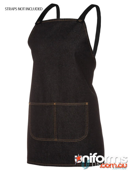 Stylish black denim apron with front pockets and adjustable straps for work or casual wear