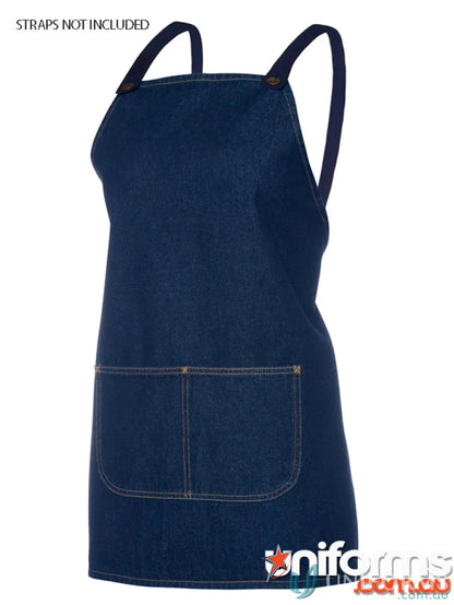 Stylish dark blue denim apron with front pockets and adjustable straps for work