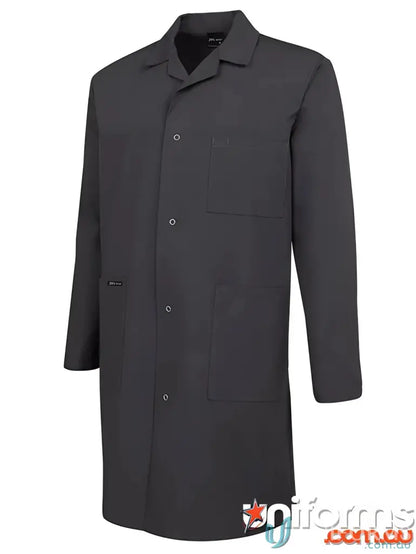 Dark gray JBs Dust Lab Coat with notched collar, front buttons, and multiple pockets