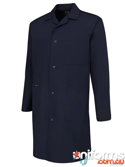 JBS Dust Lab long-sleeved navy blue lab coat with pockets and collared neck