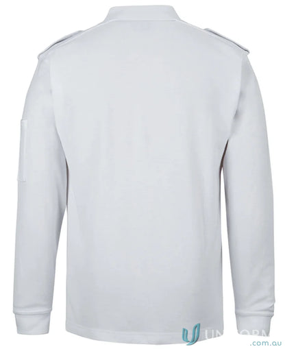 White long sleeve polo shirt with epaulette detail in pique knit fabric from JBs Epaulette LS Polo