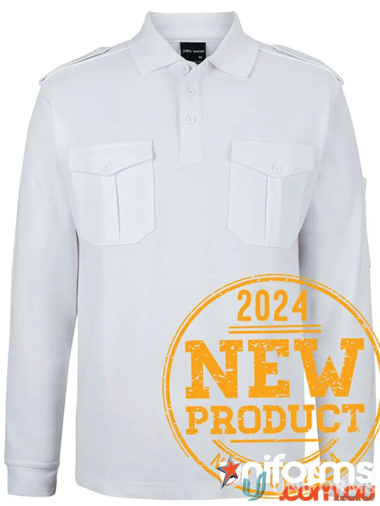 White long sleeve polo shirt in JB’s Epaulette LS Polo made from pique knit fabric