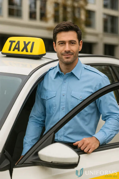 Man in JB’s Epaulette LS Shirt with button-down chest pockets next to white taxi
