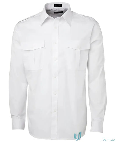 Men’s long-sleeve white pilot shirt with button-down chest pockets from JB’s Epaulette Long collection