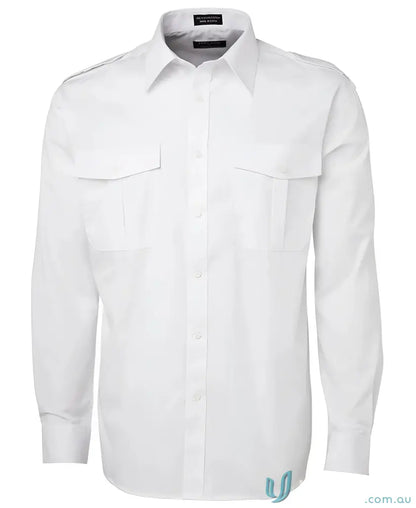 Men’s long-sleeve white pilot shirt with button-down chest pockets from JB’s Epaulette Long collection