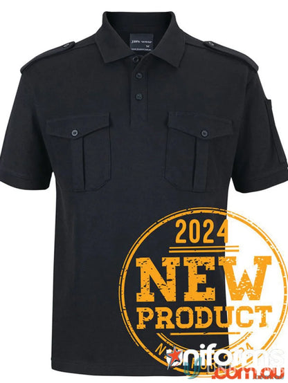 JB’s Epaulette black short-sleeved polo shirt with double-layer shoulder yoke
