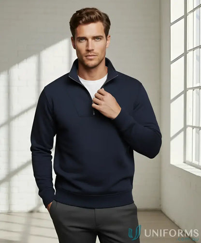 Men’s navy blue JB’s Half Zip Fleecy Sweater, stylish zip fleecy sweater 3FSZ