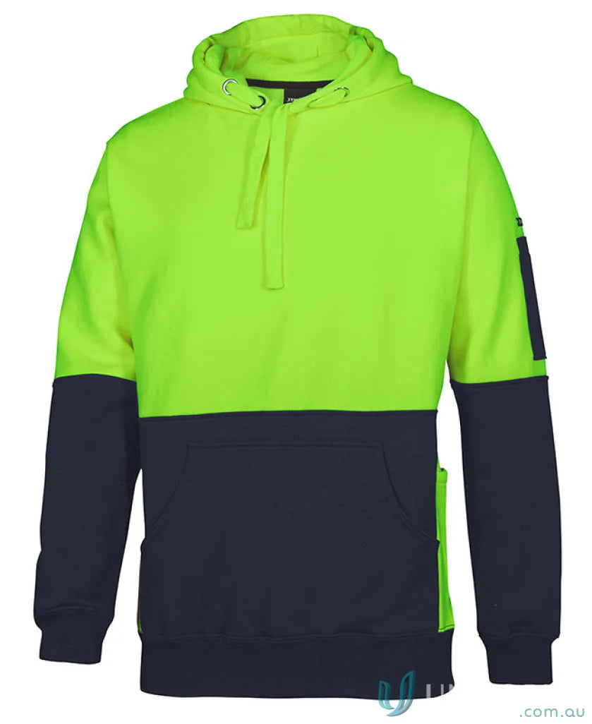 Two-tone hooded sweatshirt with panel design and pocket, perfect for uniforms