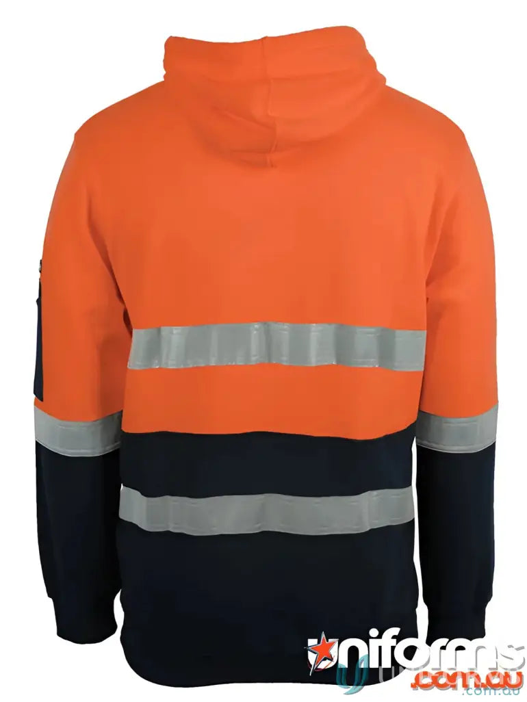 Orange and navy blue workwear hoodie with reflective stripes and long sleeve design