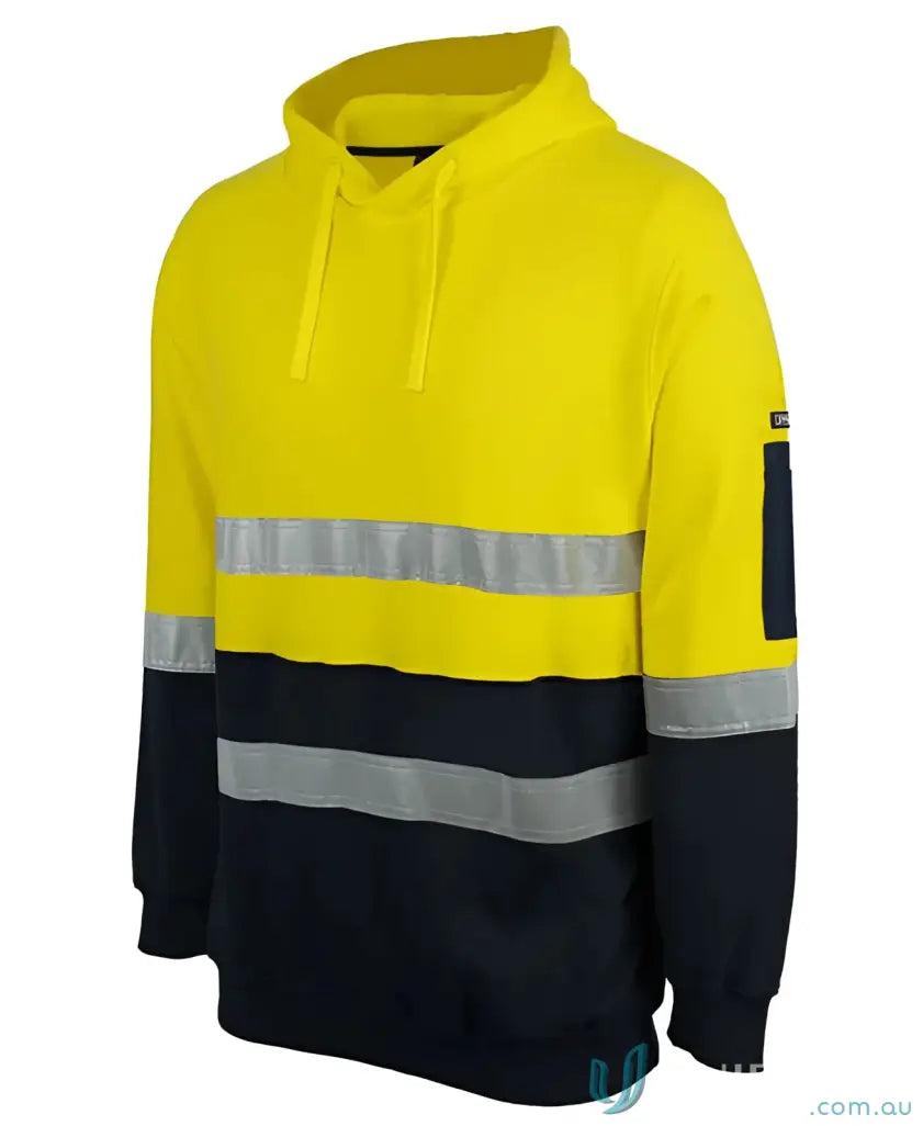 Yellow and navy blue high-visibility hoodie with sleeves, perfect for workwear uniforms