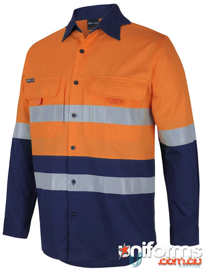 Orange and navy blue long-sleeved work shirt with sun protection, extra large sizing