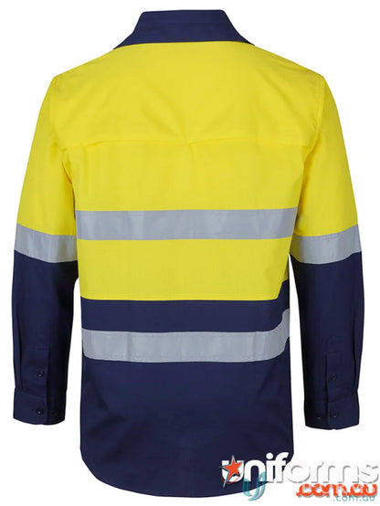 Yellow and blue JB’S HI VIS Ripstop L/S Fishing Shirt with reflective stripes, extra large sizing