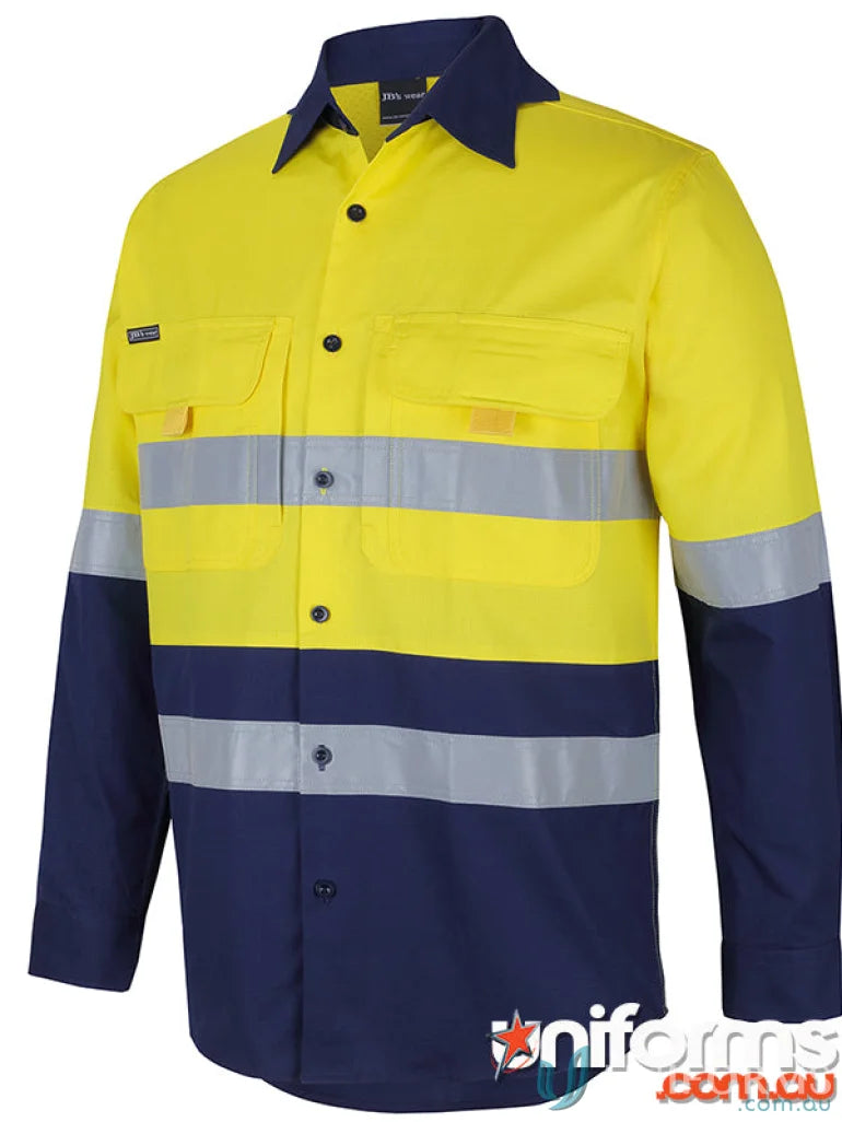 Yellow and navy blue reflective work shirt with sun protection and extra large sizing