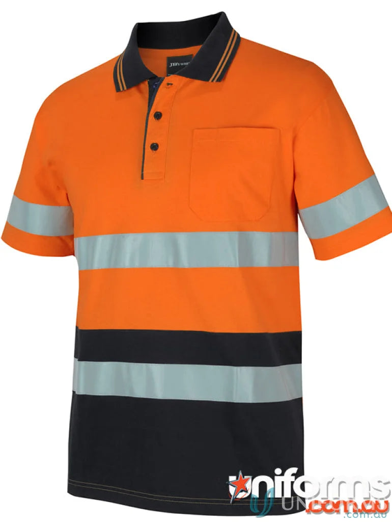 Orange and black high visibility polo shirt perfect for work uniforms and sizing options