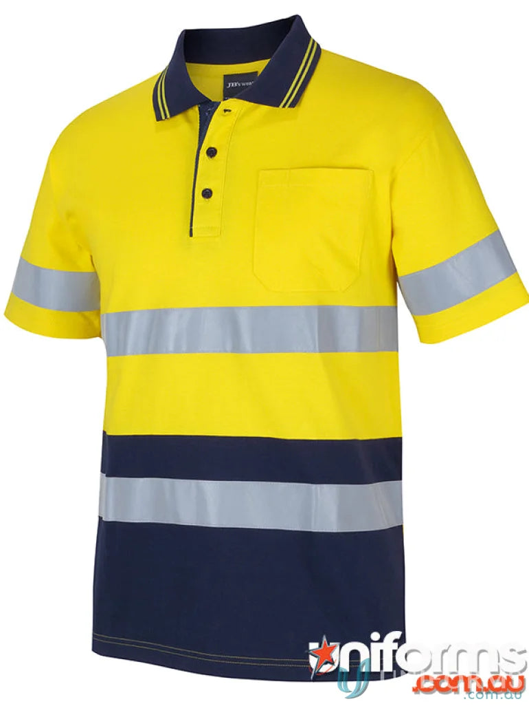 Yellow and navy blue safety polo shirt for work uniforms with sizing specifications