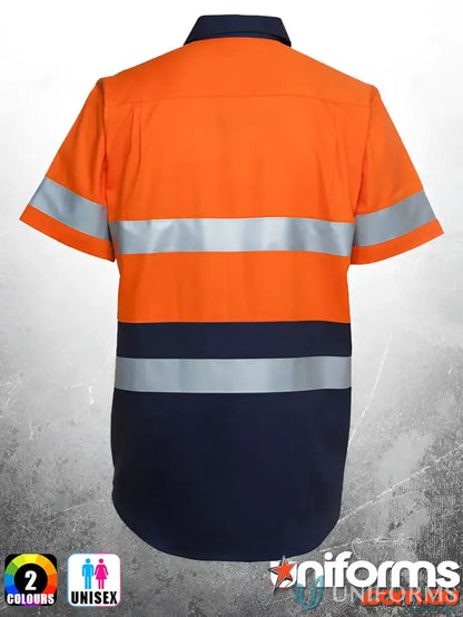 Orange and navy blue safety shirt with reflective tape for work uniforms and safety standards