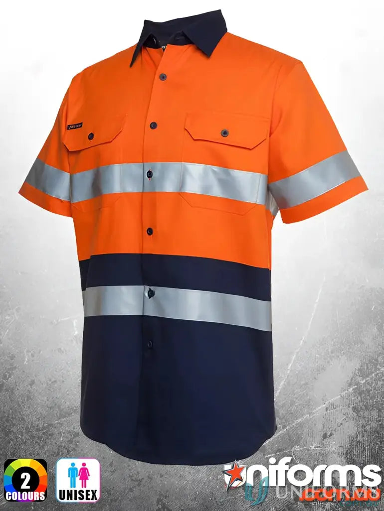 Orange and navy blue hi-vis work shirt with reflective tape for safety standards
