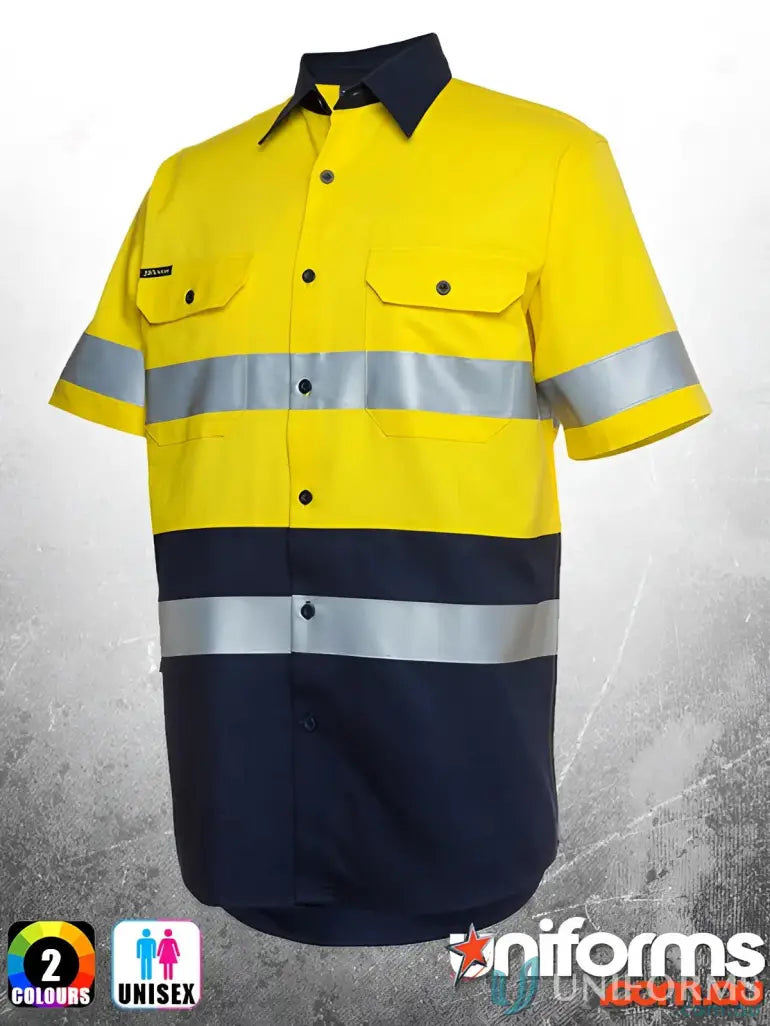 Yellow and navy Blue safety shirt with reflective tape for work uniforms and safety standards