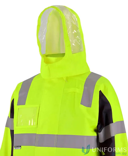 High-visibility yellow rain jacket with reflective stripes and clear hood for uniforms