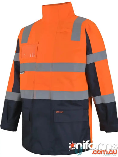 Orange and navy JB’S HI VIS Visionary Jacket with hook pile for hand chest uniforms