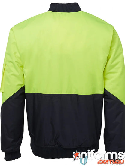JBs HI VIS Flying Jacket for outdoor work and work uniforms with neon yellow accents