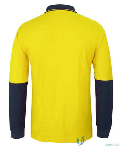 Bright yellow JB’s Hi Vis L/S Cotton Pique Trad Polo workwear uniform with navy accents