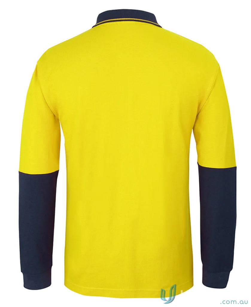 Bright yellow JB’s Hi Vis L/S Cotton Pique Trad Polo workwear uniform with navy accents