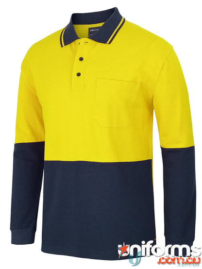 Yellow and navy blue JB’s Hi Vis L/S Cotton Pique Trad Polo for NZS uniforms and workwear