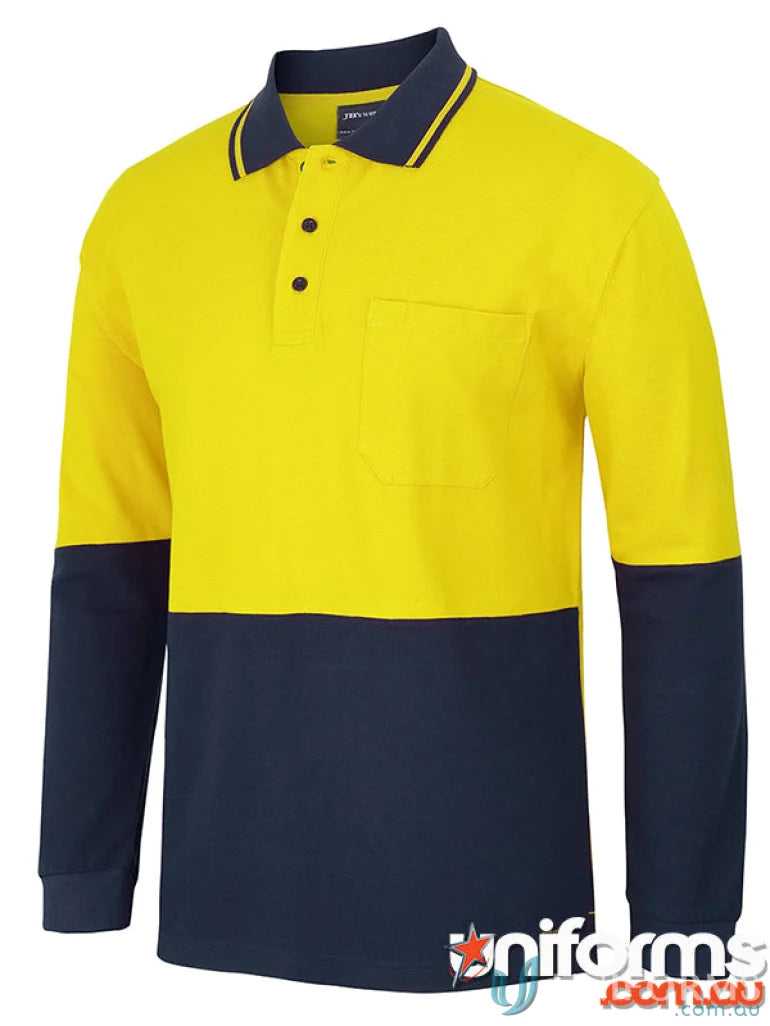 Yellow and navy blue JB’s Hi Vis L/S Cotton Pique Trad Polo for NZS uniforms and workwear