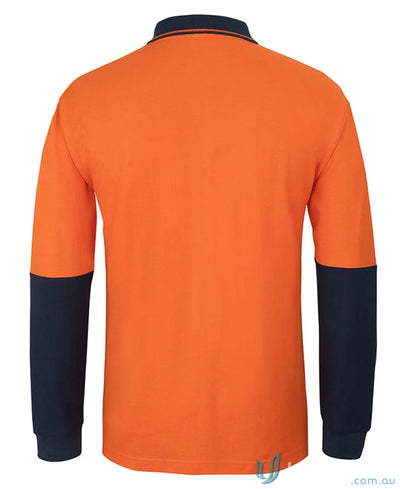 Orange long-sleeved polo shirt with navy blue sleeves for NZS uniforms workwear