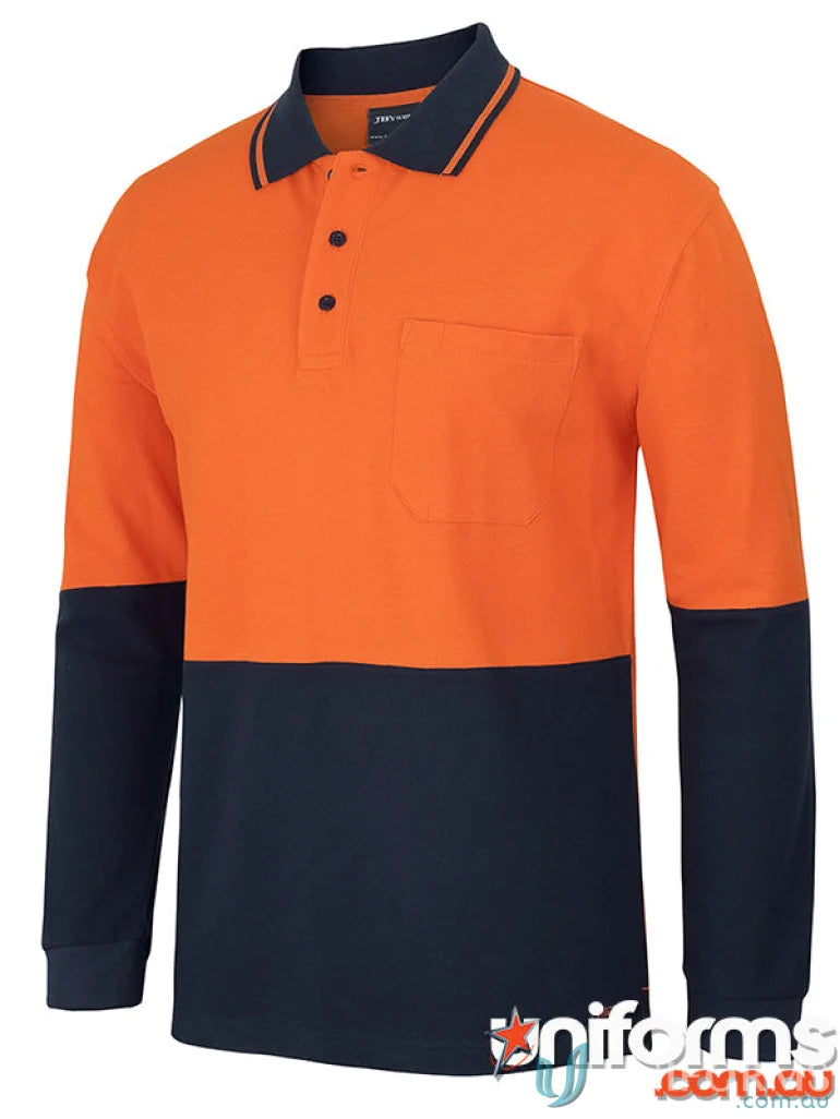 Orange and navy blue JB’s Hi Vis L/S Cotton Pique Trad Polo for NZS uniforms and workwear