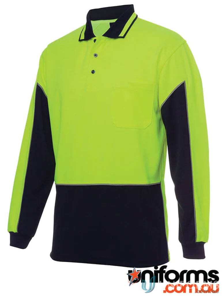 Two-tone long-sleeved polo shirt from JBs Hi Vis L/S Gap Polo workwear collection featuring durable fabric for uniforms