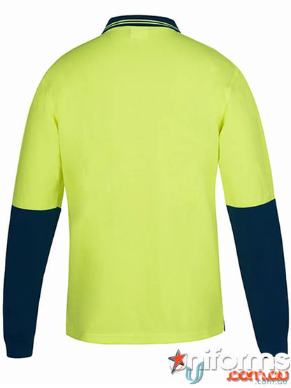 Neon yellow and navy blue JB’S Hi-Vis L/S Non Button Polo workwear uniform fabric