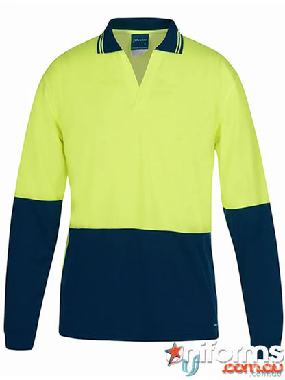 JB’S Hi-Vis L/S Non Button Polo in neon yellow and navy blue fabric workwear