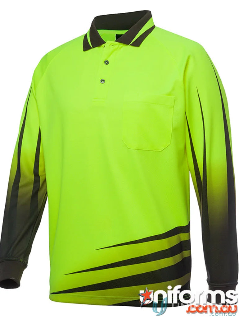 Long-sleeve lime green JB’S Hi Vis L/S Rippa Sub Polo workwear uniform shirt with black stripes